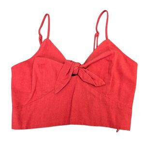 AQUA Women's S Cotton Linen Blend Tie-Front Bralette Cami Crop Top Red